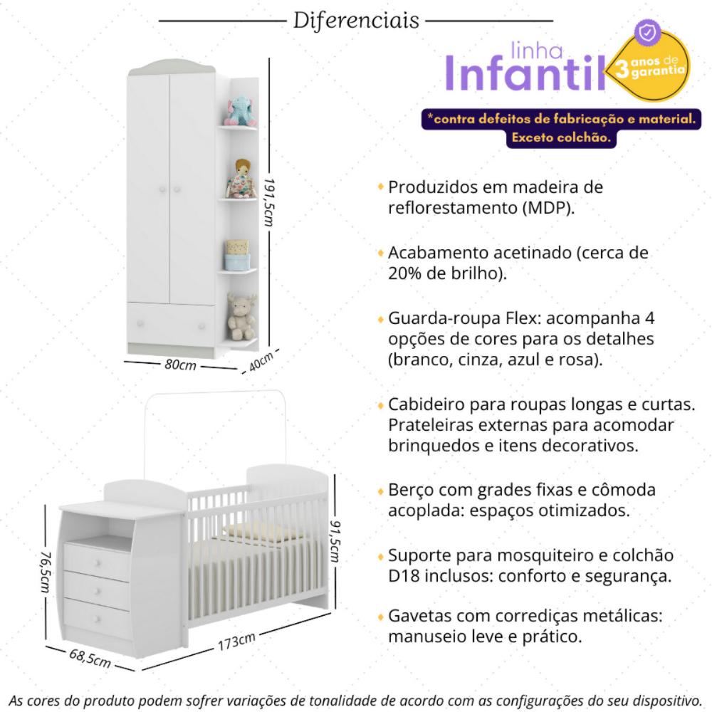 Berço Cômoda com Colchão Incluso e Guarda-Roupa 2 Portas 1 Gaveta Multimóveis MP4348 Branco/Colorido