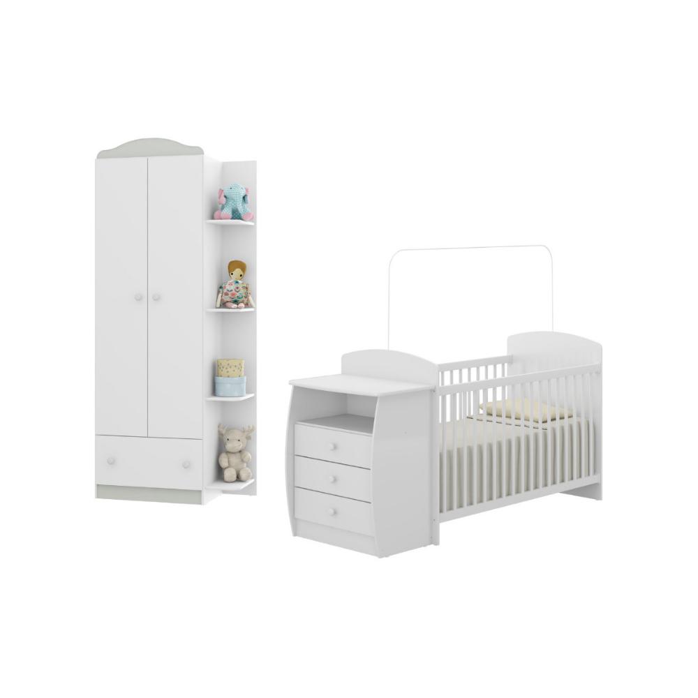 Berço Cômoda com Colchão Incluso e Guarda-Roupa 2 Portas 1 Gaveta Multimóveis MP4348 Branco/Colorido