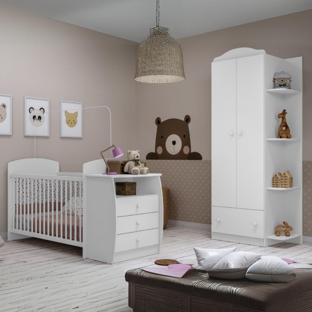 Berço Cômoda com Colchão Incluso e Guarda-Roupa 2 Portas 1 Gaveta Multimóveis MP4373 Branco/Colorido