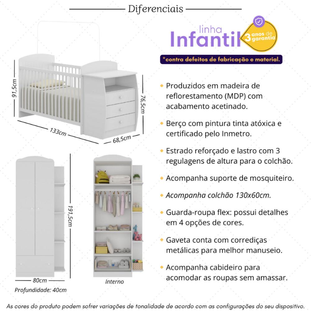 Berço Cômoda com Colchão Incluso e Guarda-Roupa 2 Portas 1 Gaveta Multimóveis MP4373 Branco/Colorido