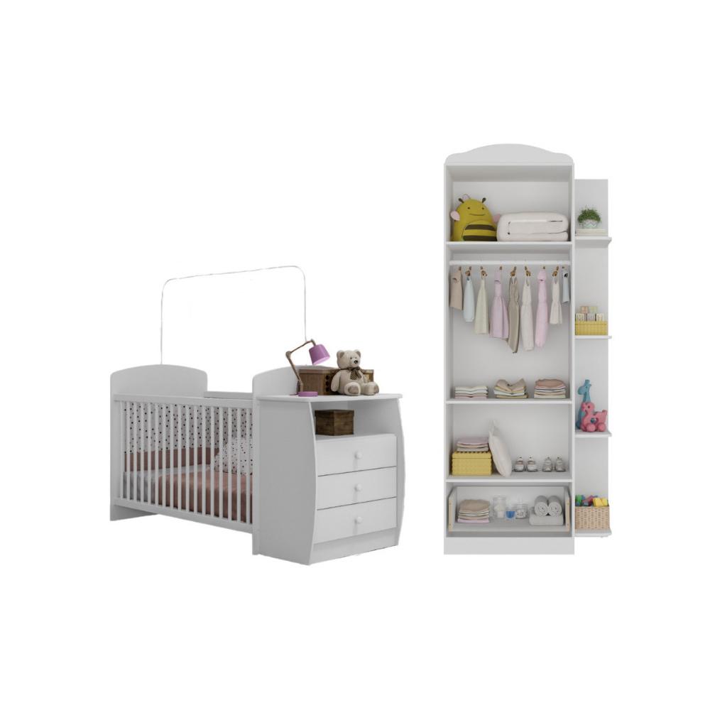 Berço Cômoda com Colchão Incluso e Guarda-Roupa 2 Portas 1 Gaveta Multimóveis MP4373 Branco/Colorido