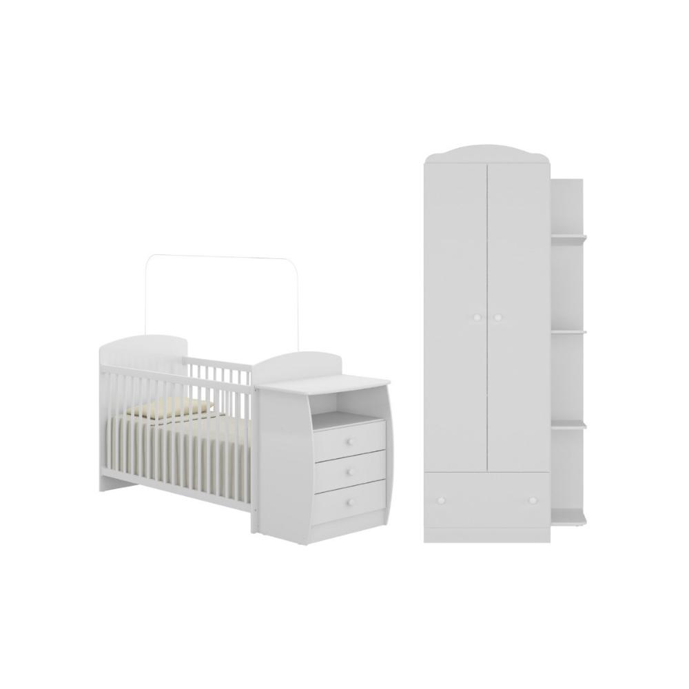Berço Cômoda com Colchão Incluso e Guarda-Roupa 2 Portas 1 Gaveta Multimóveis MP4373 Branco/Colorido