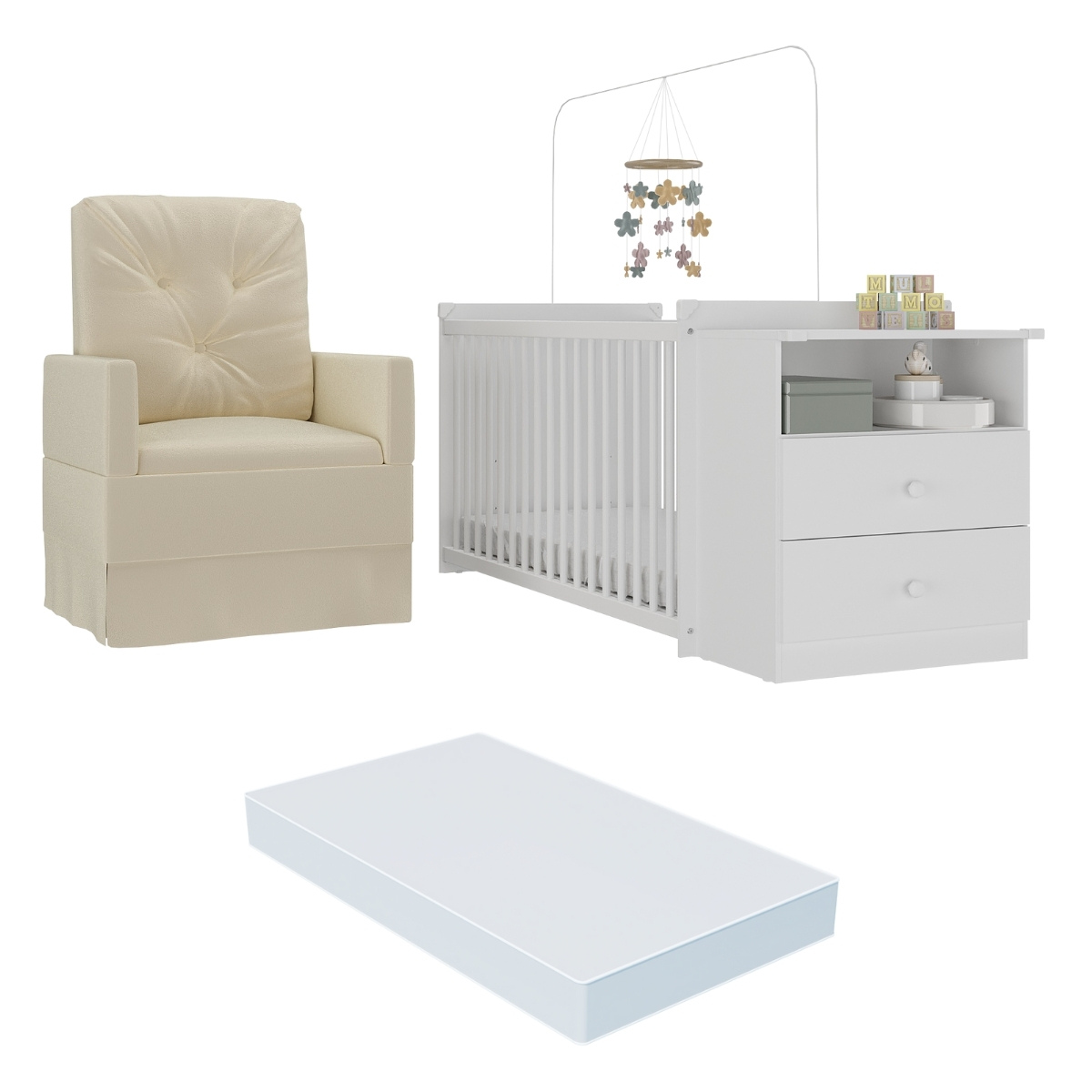 Berço Cômoda com Colchão Incluso e Poltrona de Amamentação Meu Bebê Multimóveis MP4090 Branco/Bege