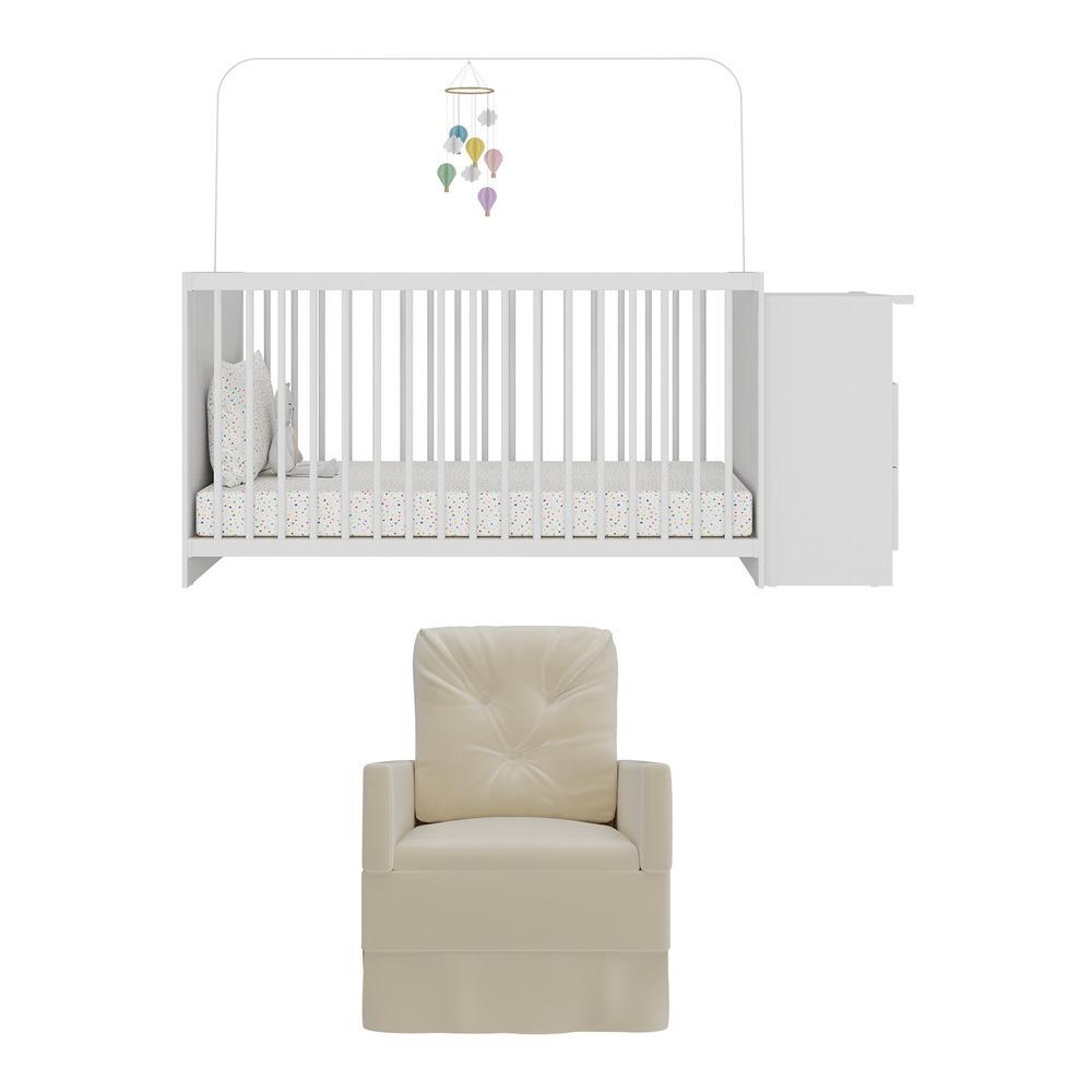 Berço Cômoda com Colchão Incluso e Poltrona de Amamentação Meu Bebê Multimóveis MP4090 Branco/Bege