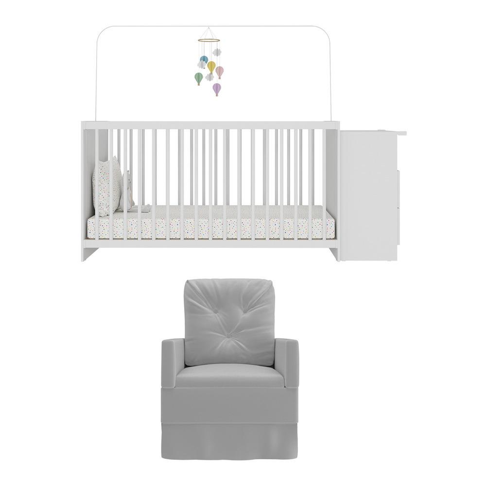 Berço Cômoda com Colchão Incluso e Poltrona de Amamentação Meu Bebê Multimóveis MP4090 Branco/Cinza
