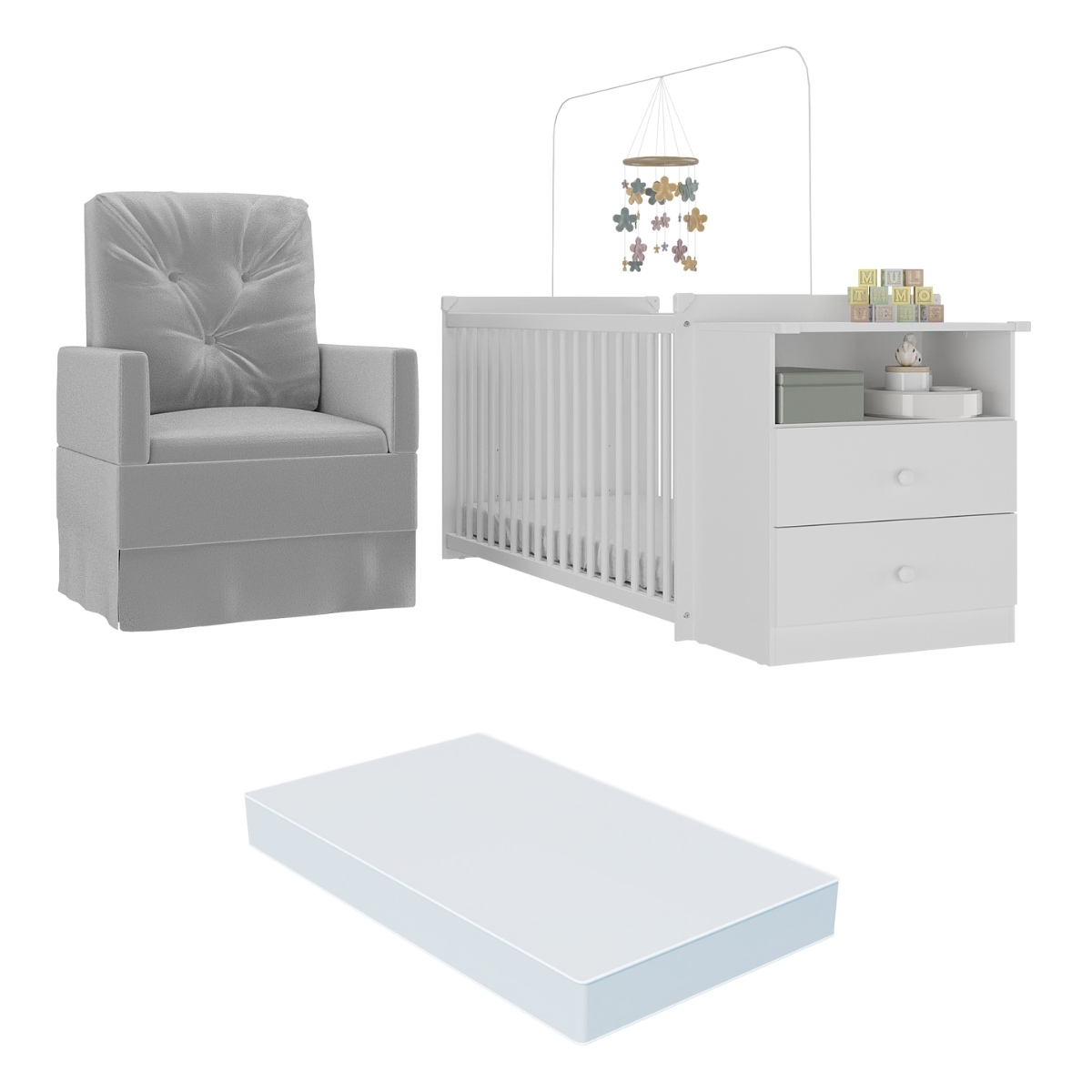 Berço Cômoda com Colchão Incluso e Poltrona de Amamentação Meu Bebê Multimóveis MP4090 Branco/Cinza