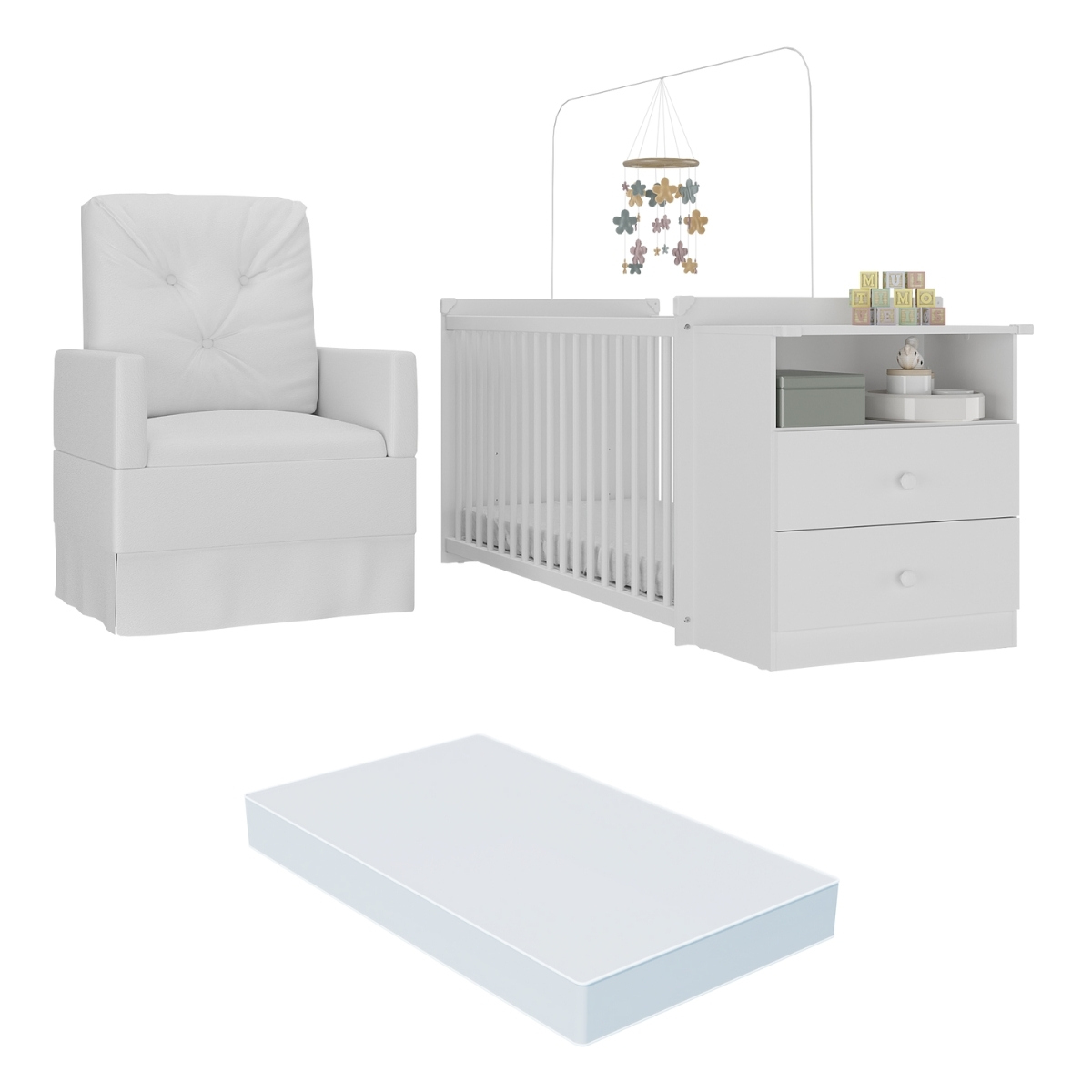Berço Cômoda com Colchão Incluso e Poltrona de Amamentação Meu Bebê Multimóveis MP4096 Branco
