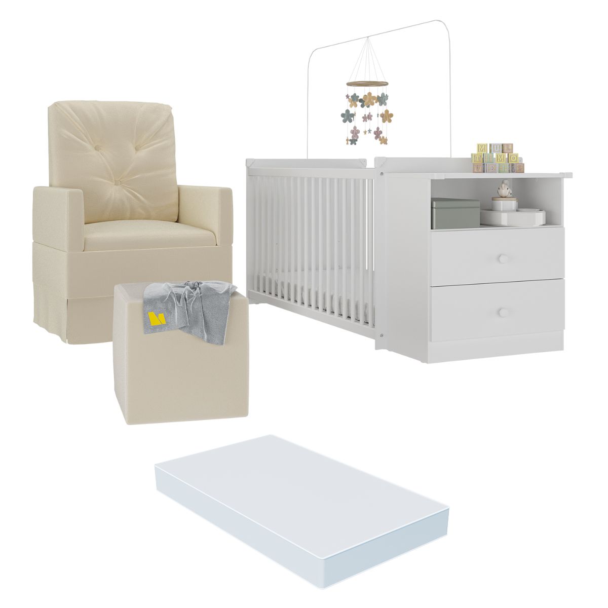 Berço Cômoda com Colchão, Poltrona de Amamentação e Puff Meu Bebê Multimóveis MP4102 Branco/Bege