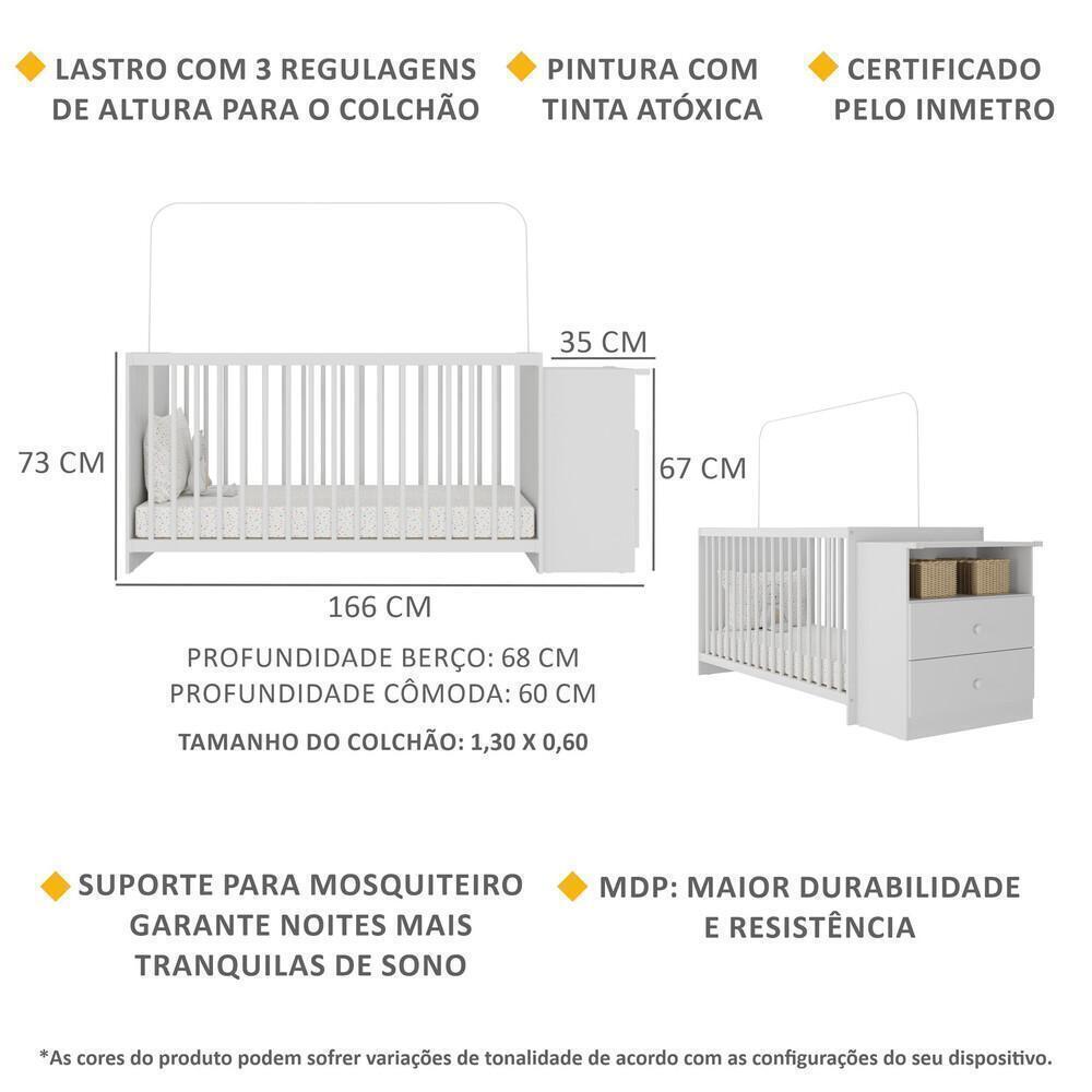 Berço Cômoda com Colchão, Poltrona de Amamentação e Puff Meu Bebê Multimóveis MP4102 Branco/Cinza