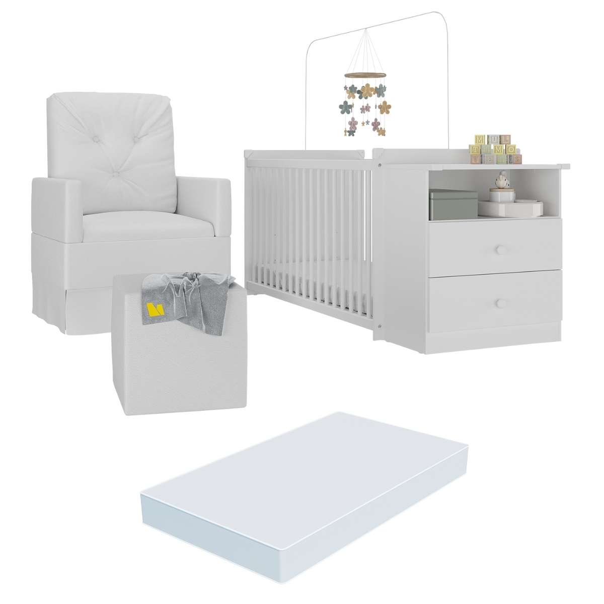 Berço Cômoda com Colchão, Poltrona de Amamentação e Puff Meu Bebê Multimóveis MP4108 Branco