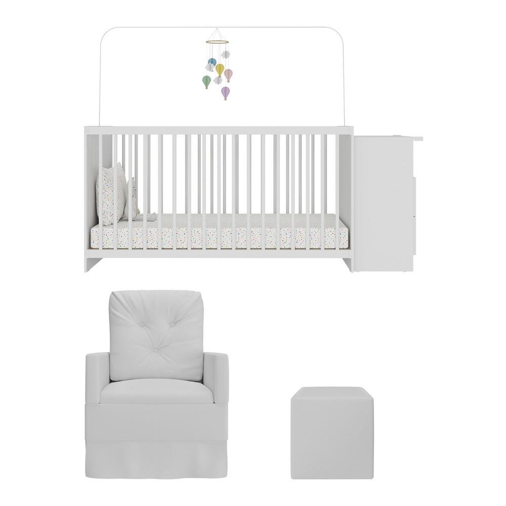 Berço Cômoda com Colchão, Poltrona de Amamentação e Puff Meu Bebê Multimóveis MP4108 Branco