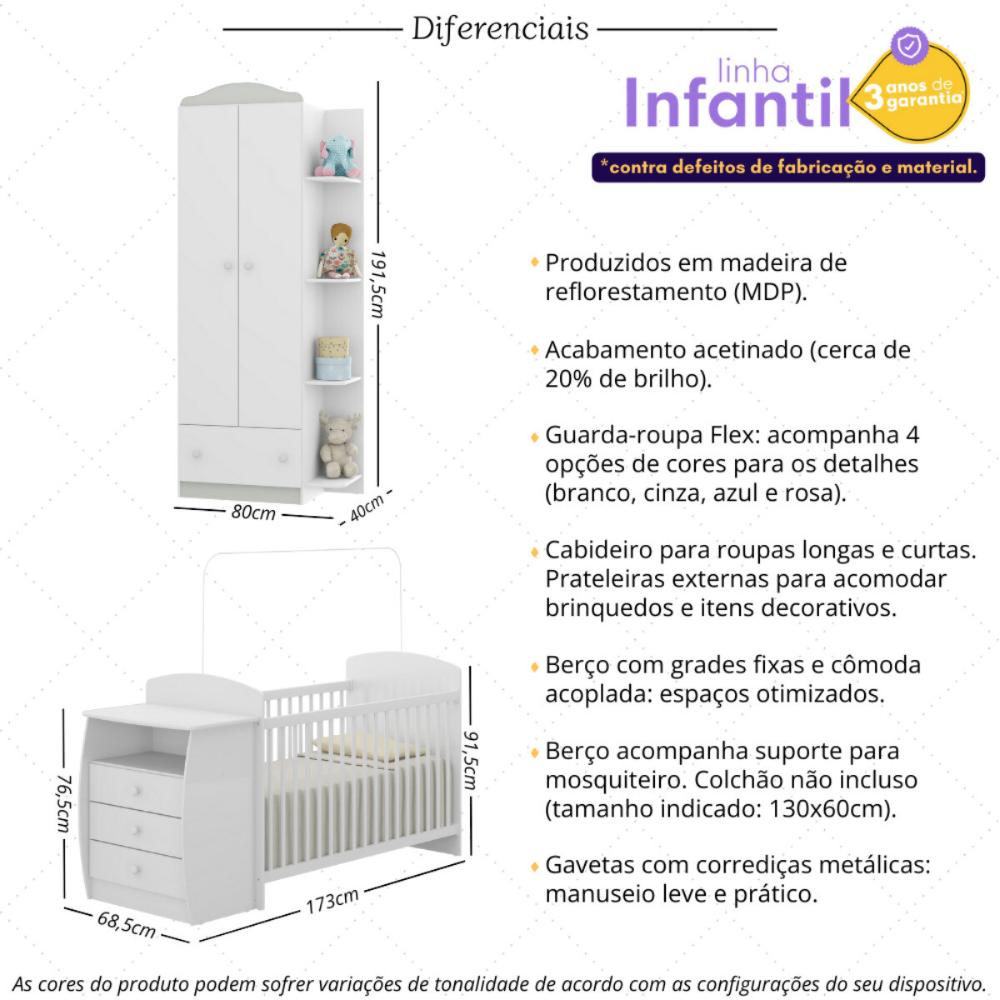 Berço Cômoda com Guarda-Roupa 2 Portas 1 Gaveta Multimóveis MP4347 Branco/Colorido