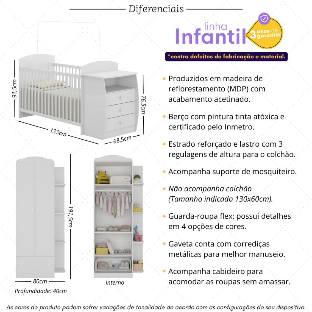 Berço Cômoda com Guarda-Roupa 2 Portas 1 Gaveta Multimóveis MP4372 Branco/Colorido