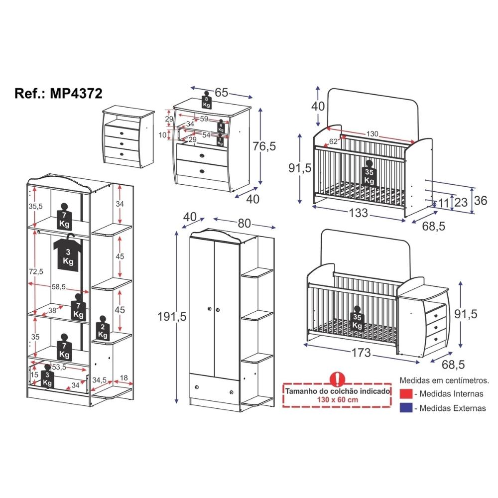 Berço Cômoda com Guarda-Roupa 2 Portas 1 Gaveta Multimóveis MP4372 Branco/Colorido
