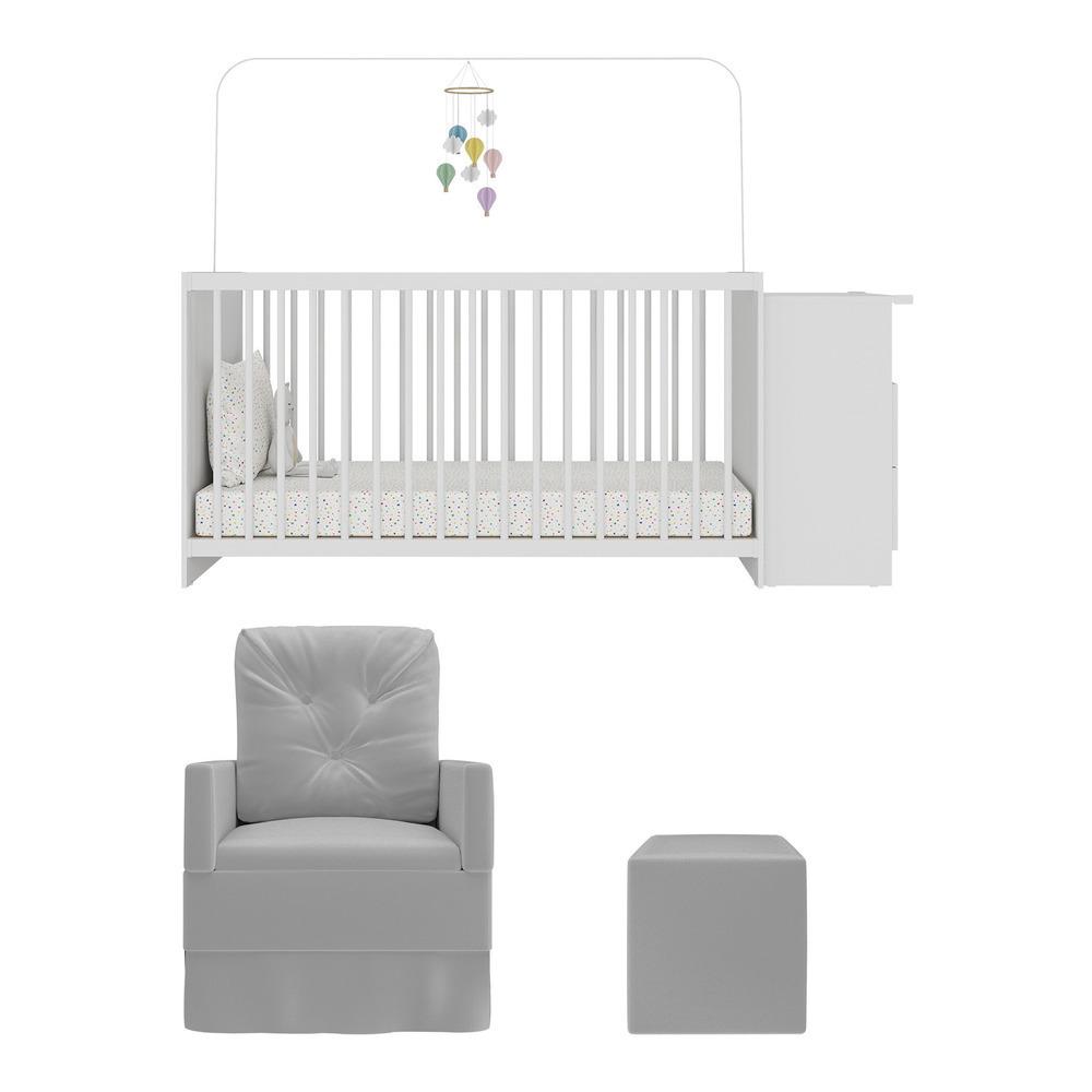 Berço Cômoda com Poltrona de Amamentação e Puff Meu Bebê Multimóveis MP4078 Branco/Cinza