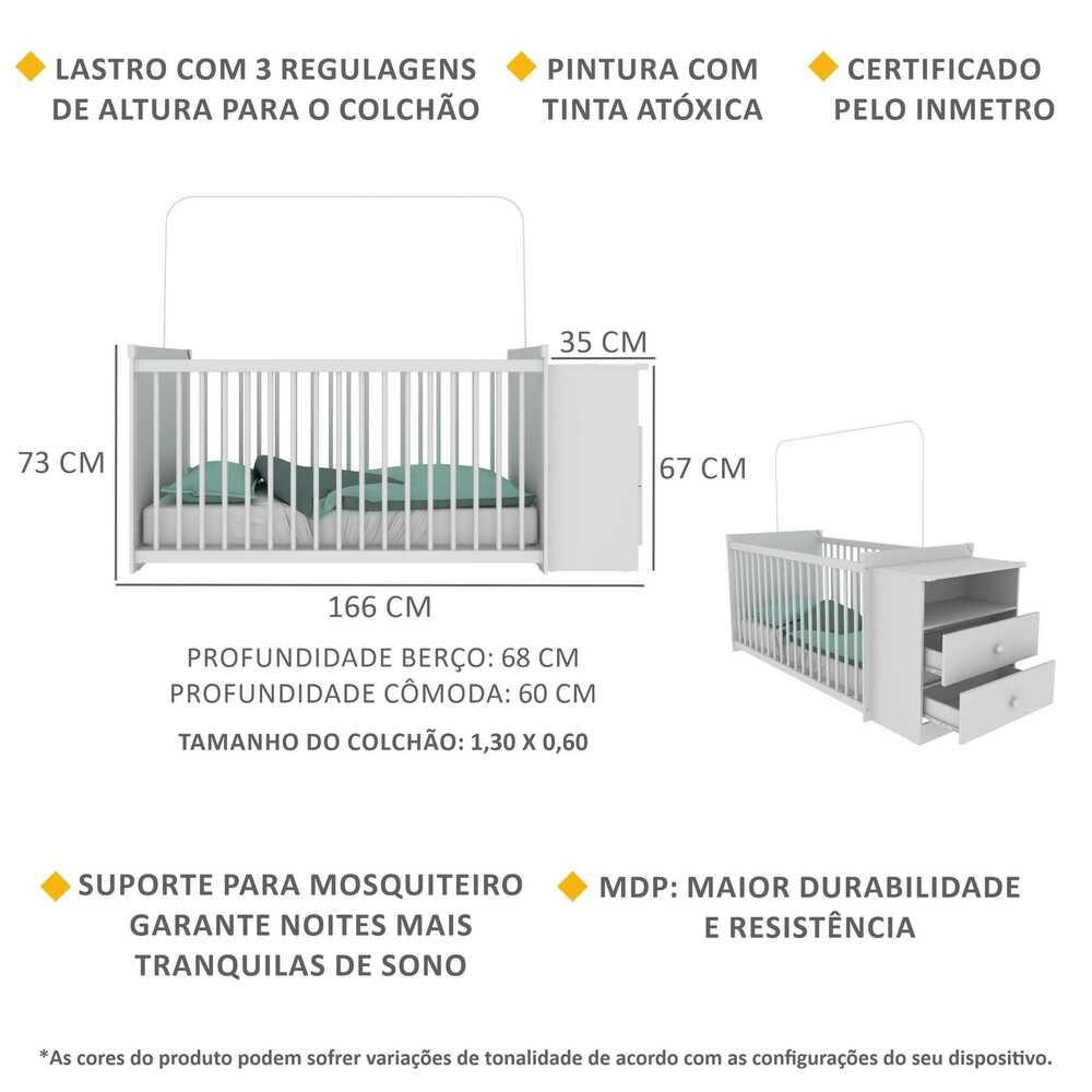 Berço Cômoda para Colchão 60 x 130 cm Meu Bebê Multimóveis Branco