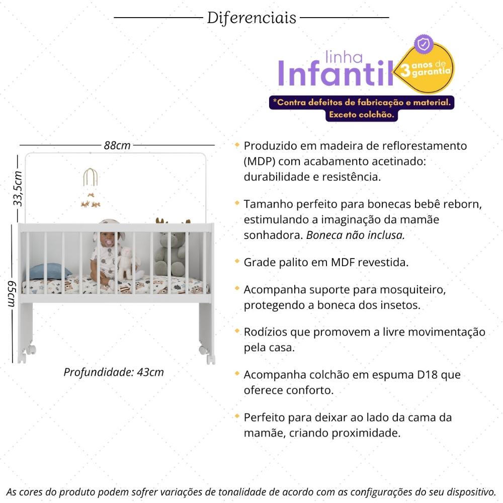 Berço Reborn com Colchão Incluso e Rodízios Multimóveis MP4382C Branco