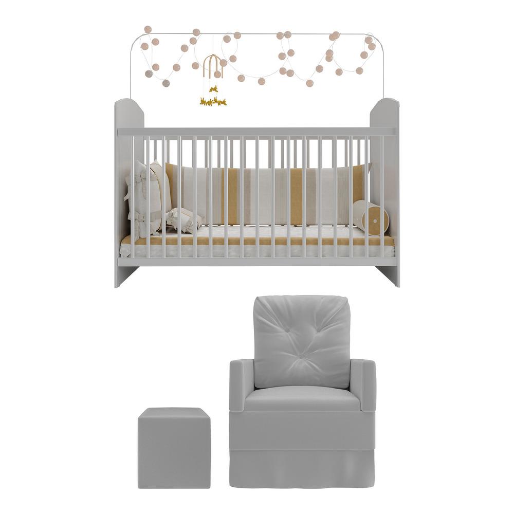 Berço com Poltrona de Amamentação e Puff Ana Lívia Multimóveis MP4075 Branco/Cinza