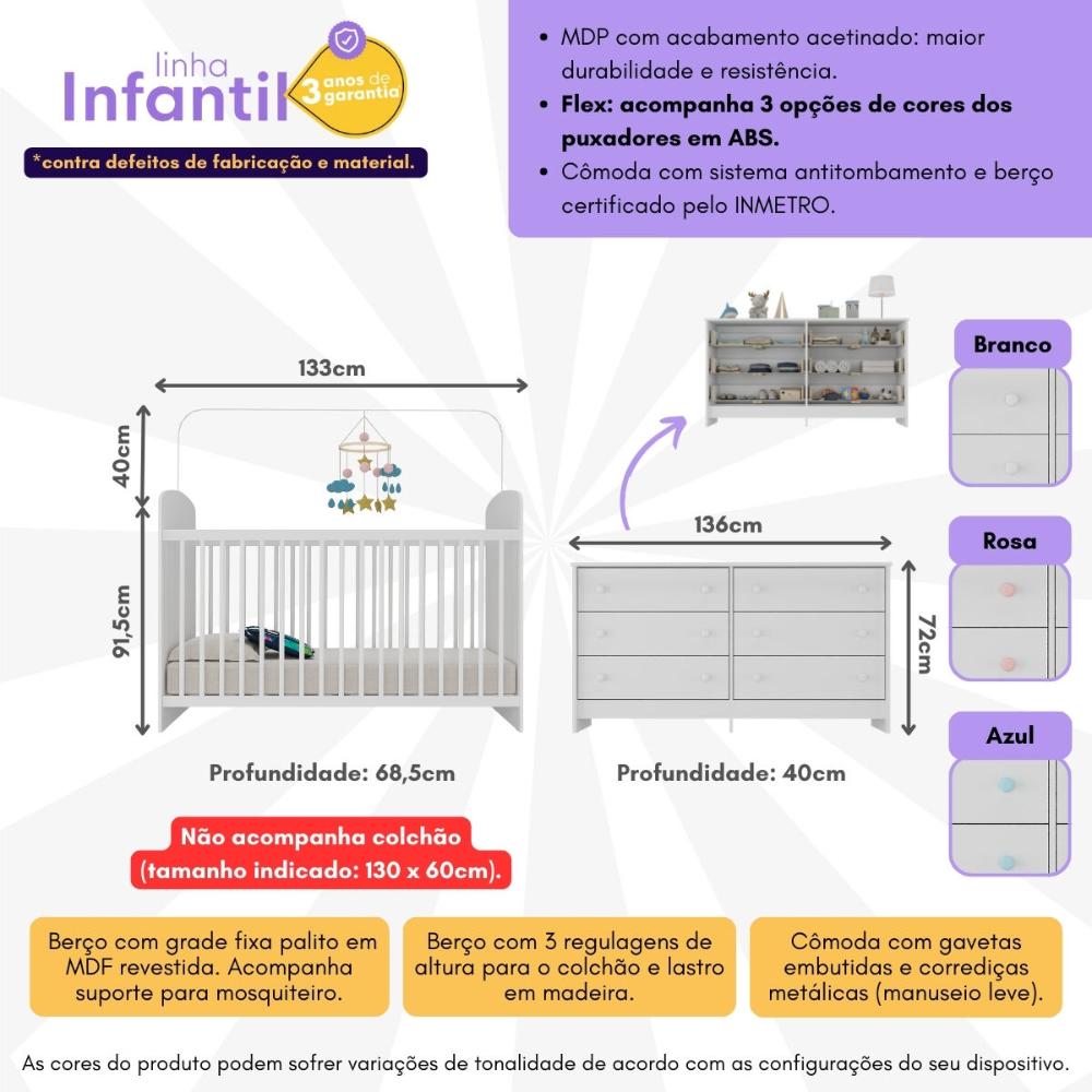Berço para Colchão 130 x 60cm com Cômoda Ana Lívia Multimóveis MP4291 Branco