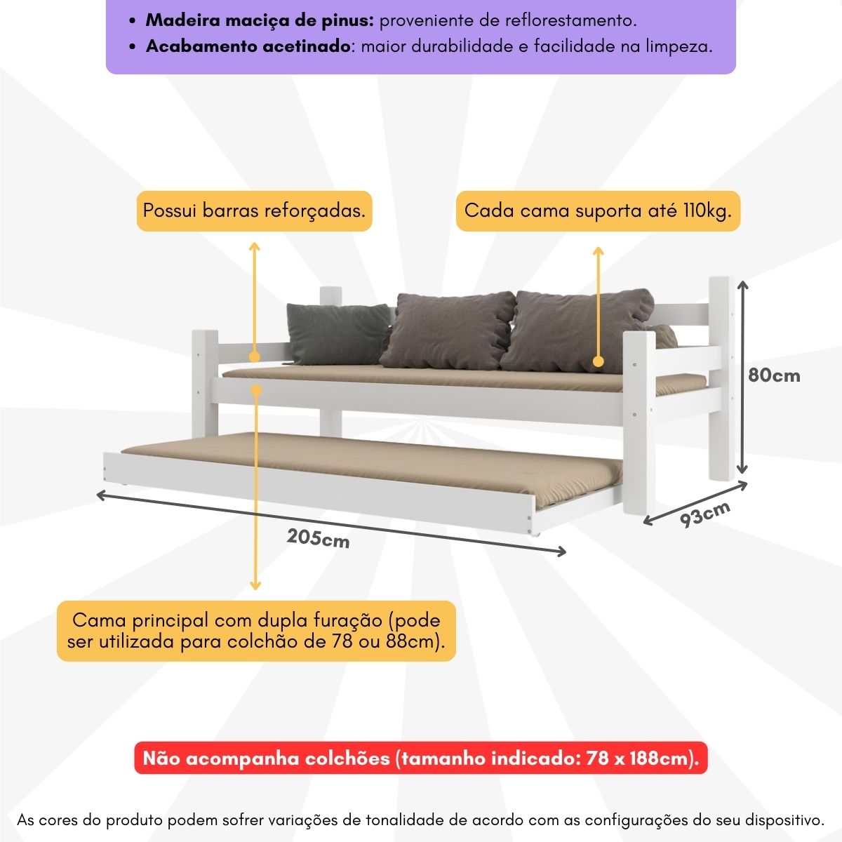 Bicama Madeira Maciça para Colchão 78/88 x 188cm Paris Multimóveis CR4139 Branca