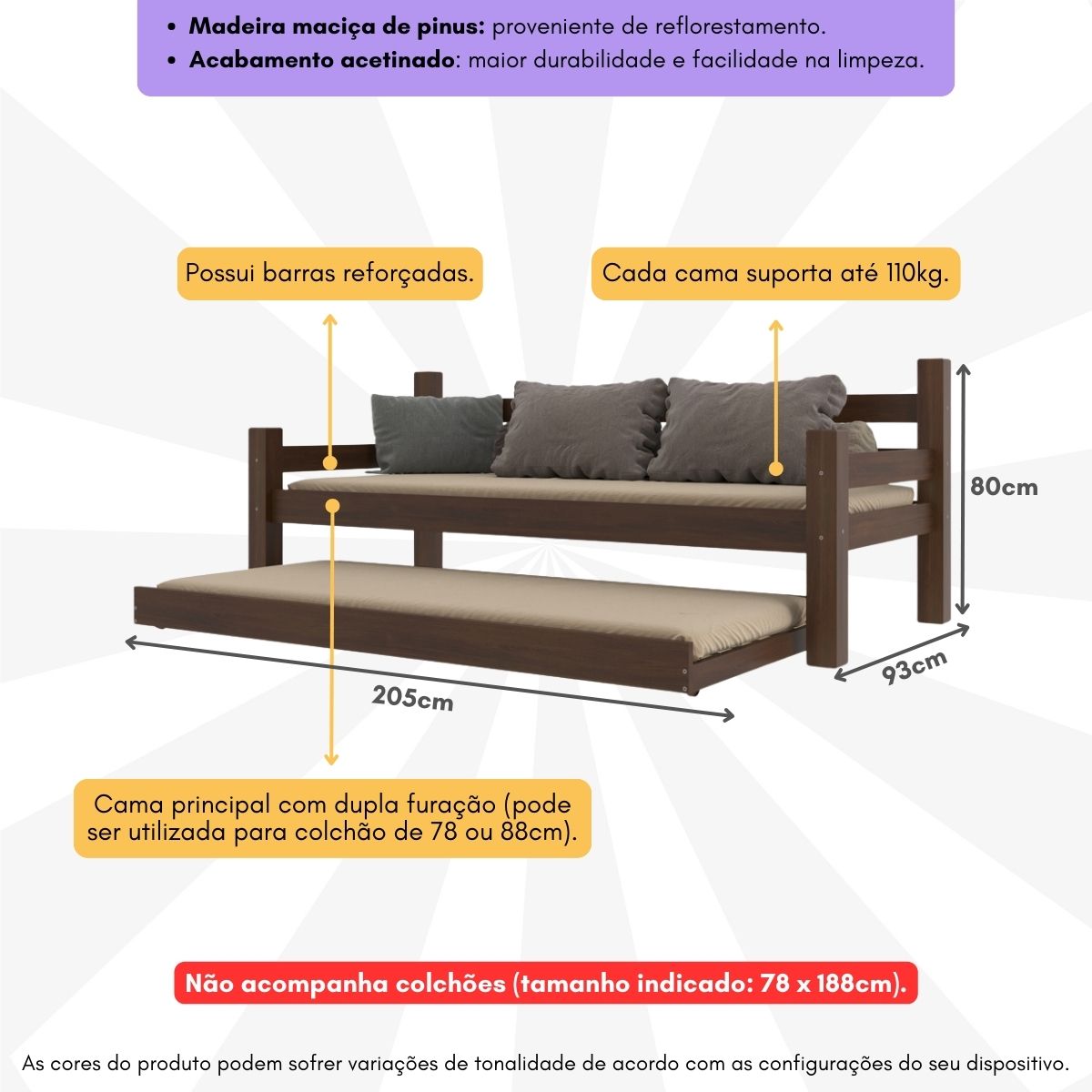 Bicama Madeira Maciça para Colchão 78/88 x 188cm Paris Multimóveis CR4139 Imbuia