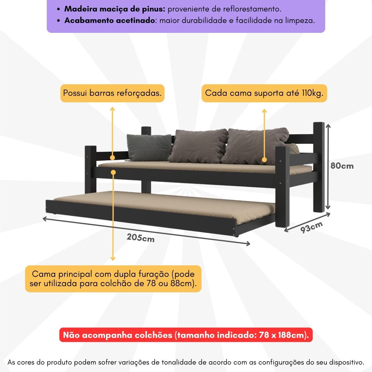 Bicama Madeira Maciça para Colchão 78/88 x 188cm Paris Multimóveis CR4139 Preta