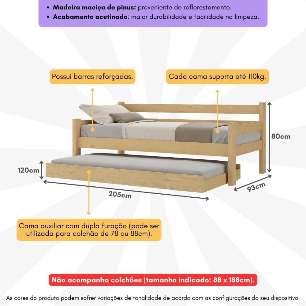 Bicama Madeira Maciça para Colchão 78/88 x 188cm Paris Multimóveis VCR4139 - Natural