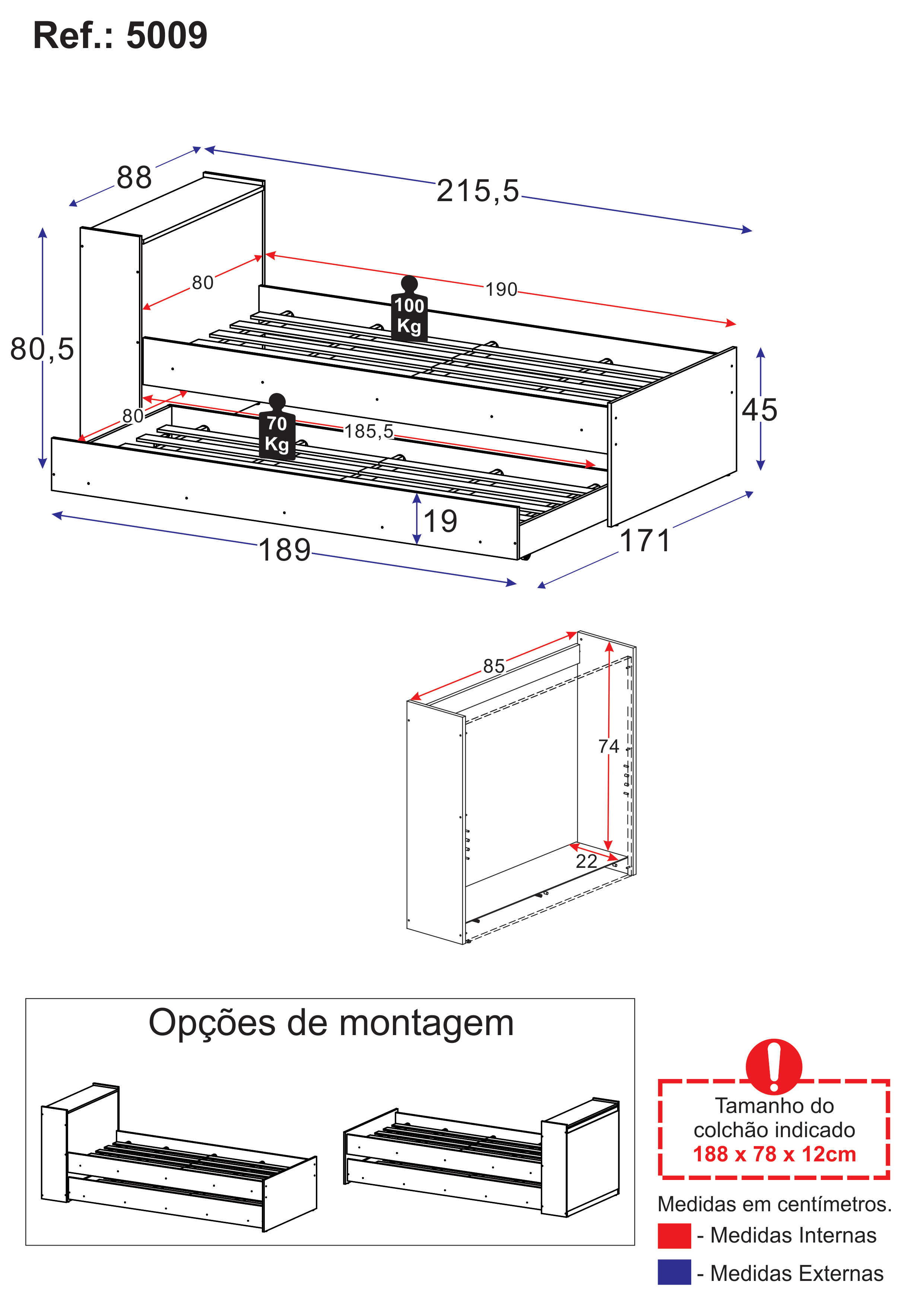 Bicama com Baú Embutido para colchão 78 x 188 cm Multimóveis Branca