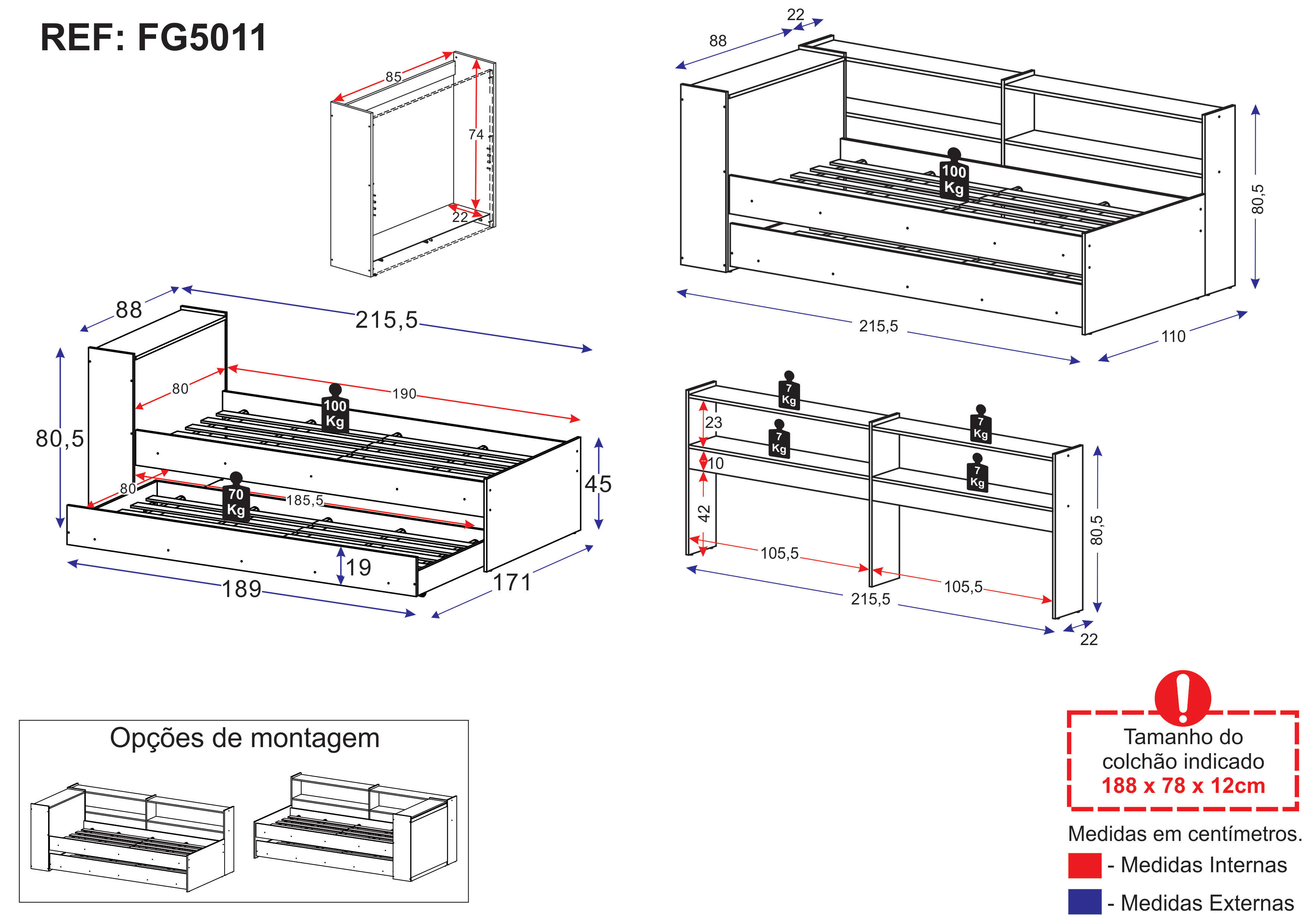 Bicama com Baú para colchão 78 x 188 cm Multimóveis FG5011 Branca