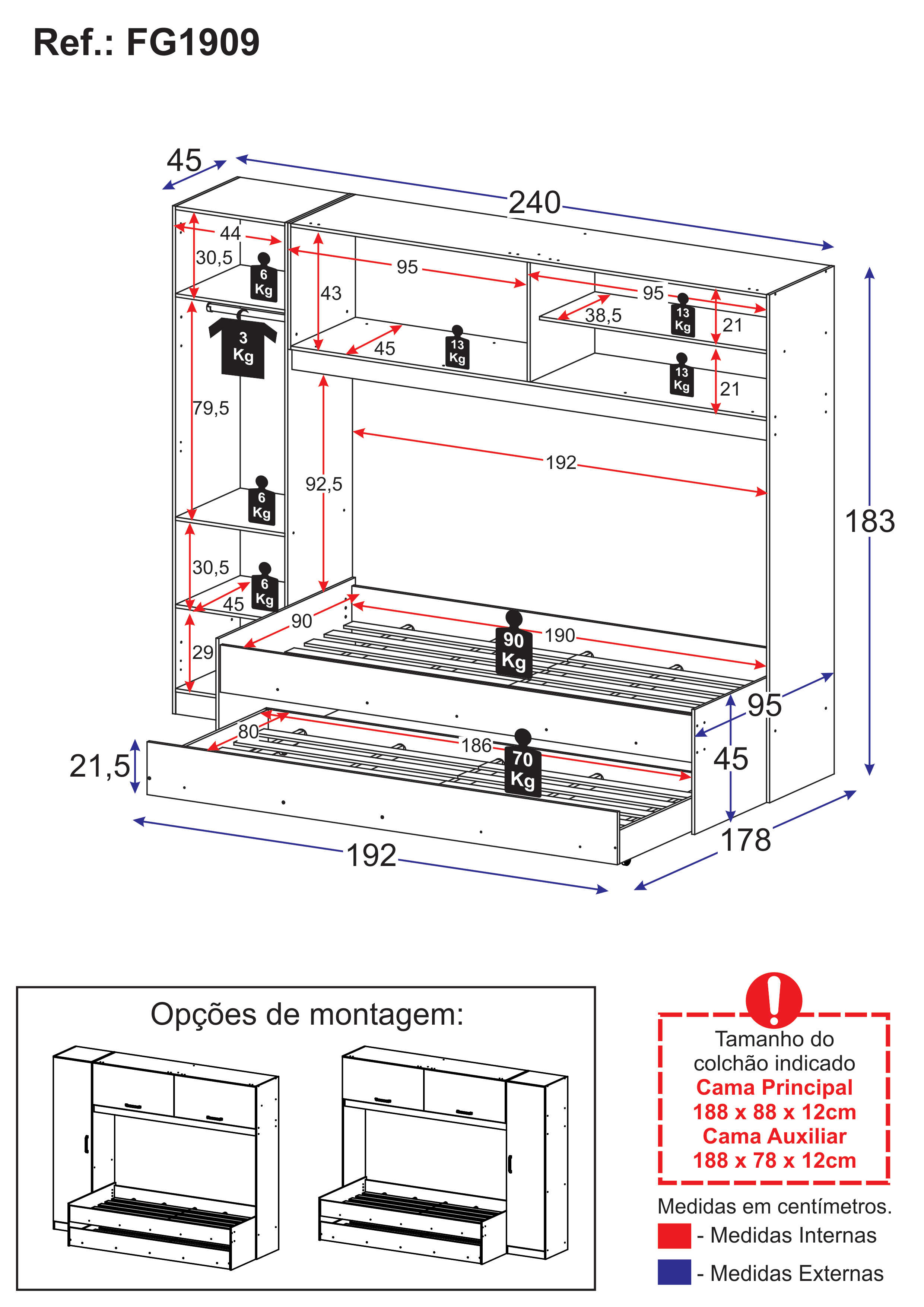 Bicama com Guarda-Roupa para colchão 88 x 188 cm Multimóveis FG1909 Branca