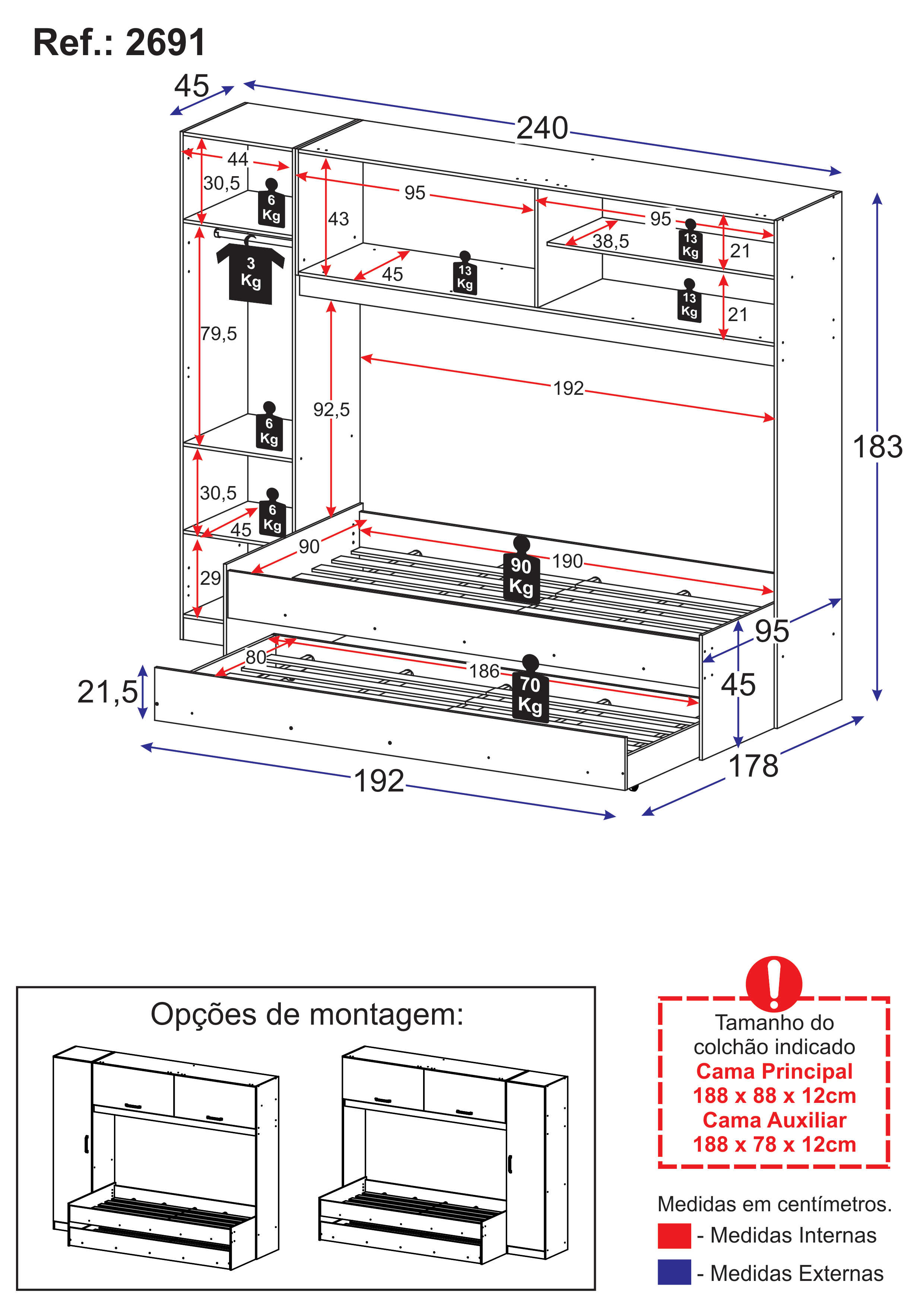 Bicama com Guarda-Roupa/Roupeiro para colchão 88 x 188 cm Multimóveis Branca