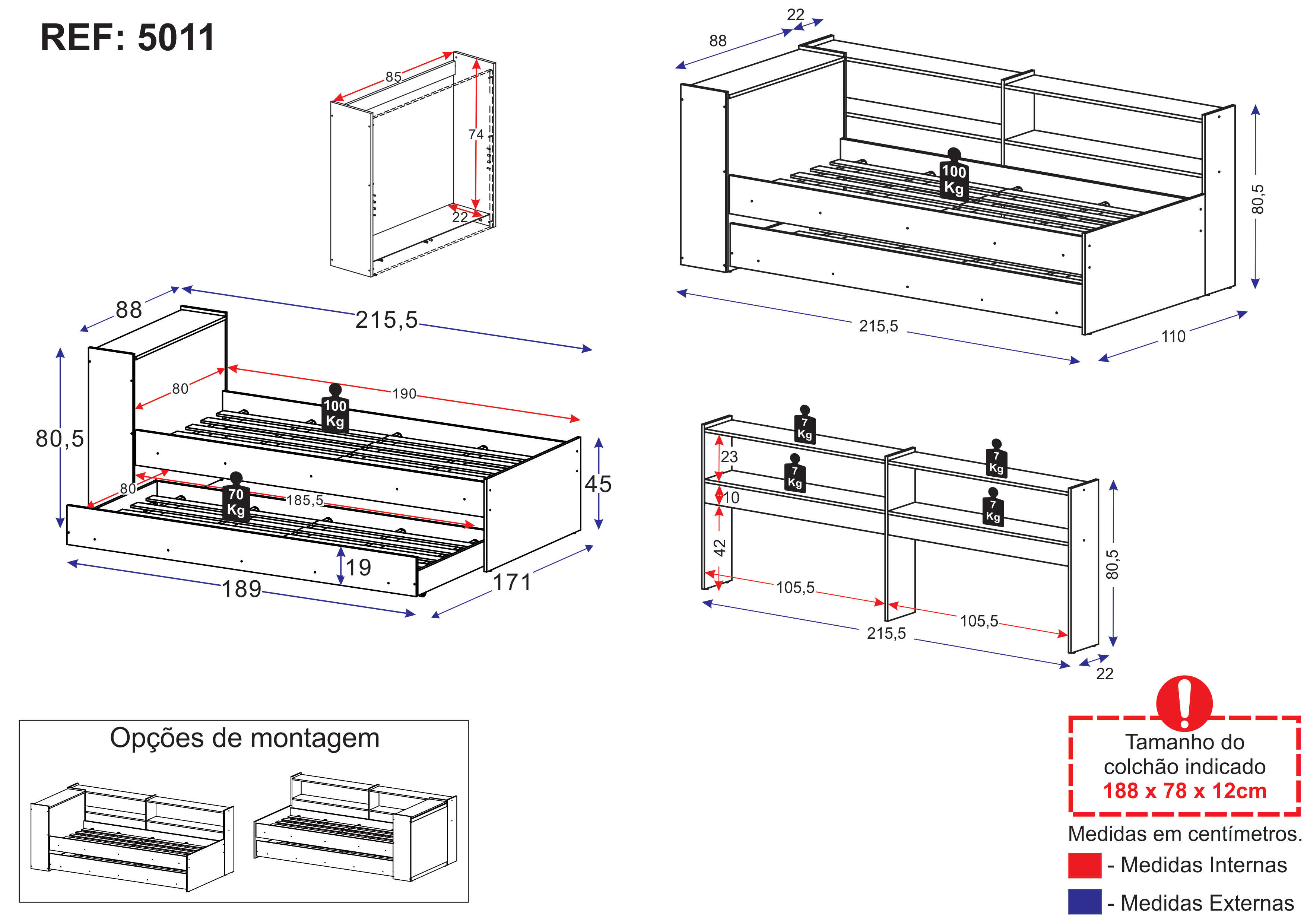 Bicama com Prateleira e Baú para colchão 78 x 188 cm Multimóveis Branca