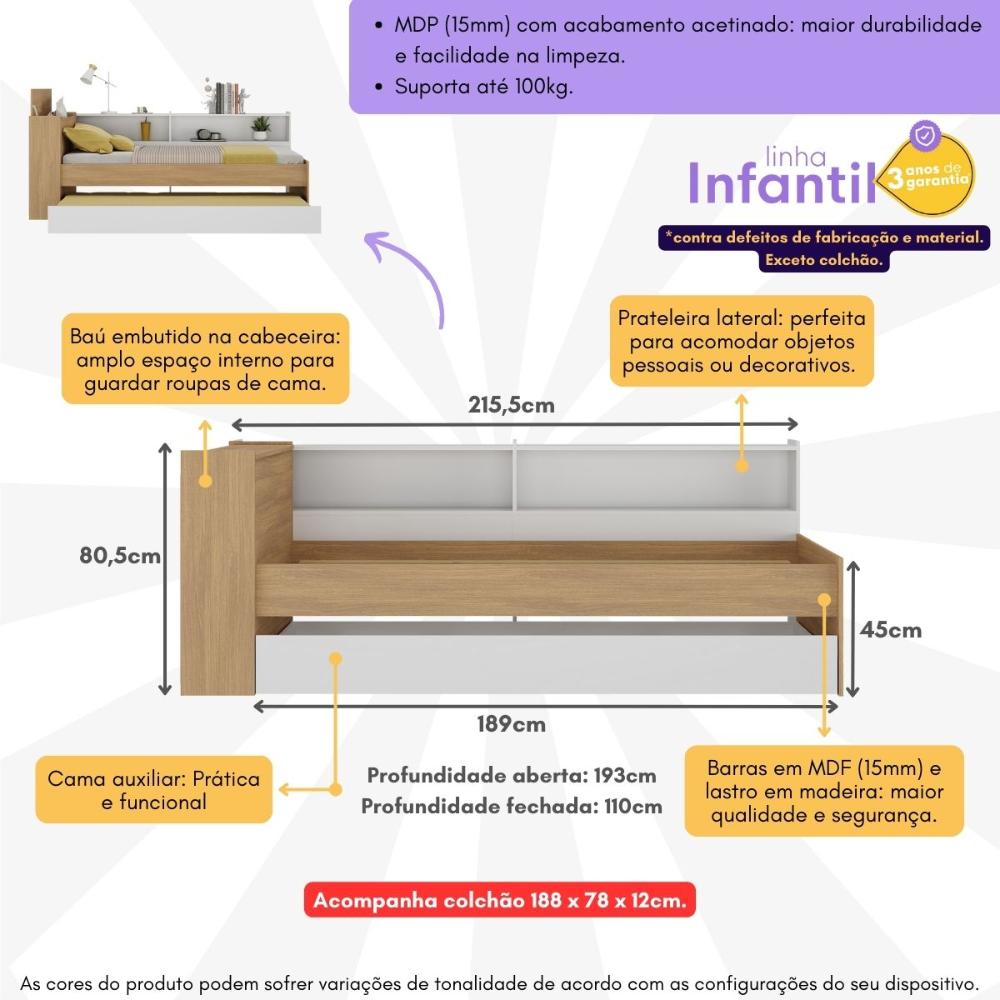 Bicama de Solteiro com Colchão Incluso Baú Embutido e Prateleira Multimóveis MP4259 Rustic/Branco