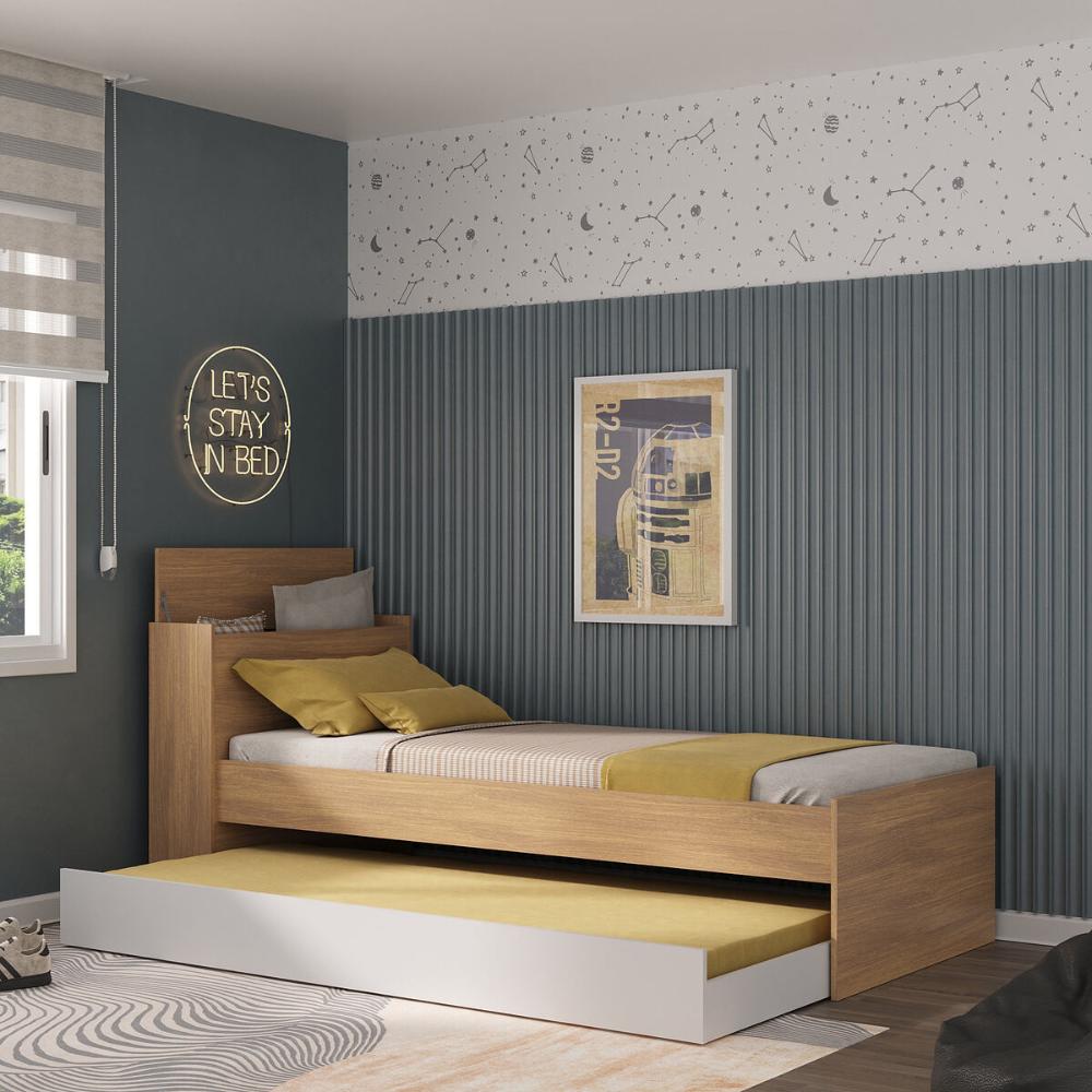 Bicama de Solteiro com Colchão Incluso e Baú Embutido Multimóveis MP4261 Rustic/Branco