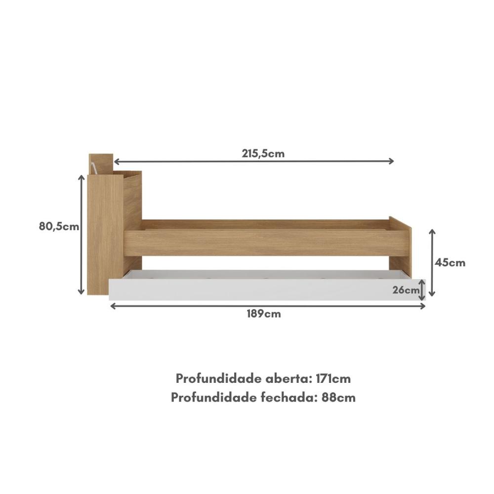 Bicama de Solteiro com Colchão Incluso e Baú Embutido Multimóveis MP4261 Rustic/Branco