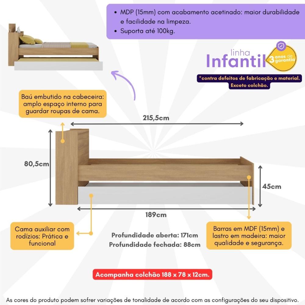 Bicama de Solteiro com Colchão Incluso e Baú Embutido Multimóveis MP4261 Rustic/Branco