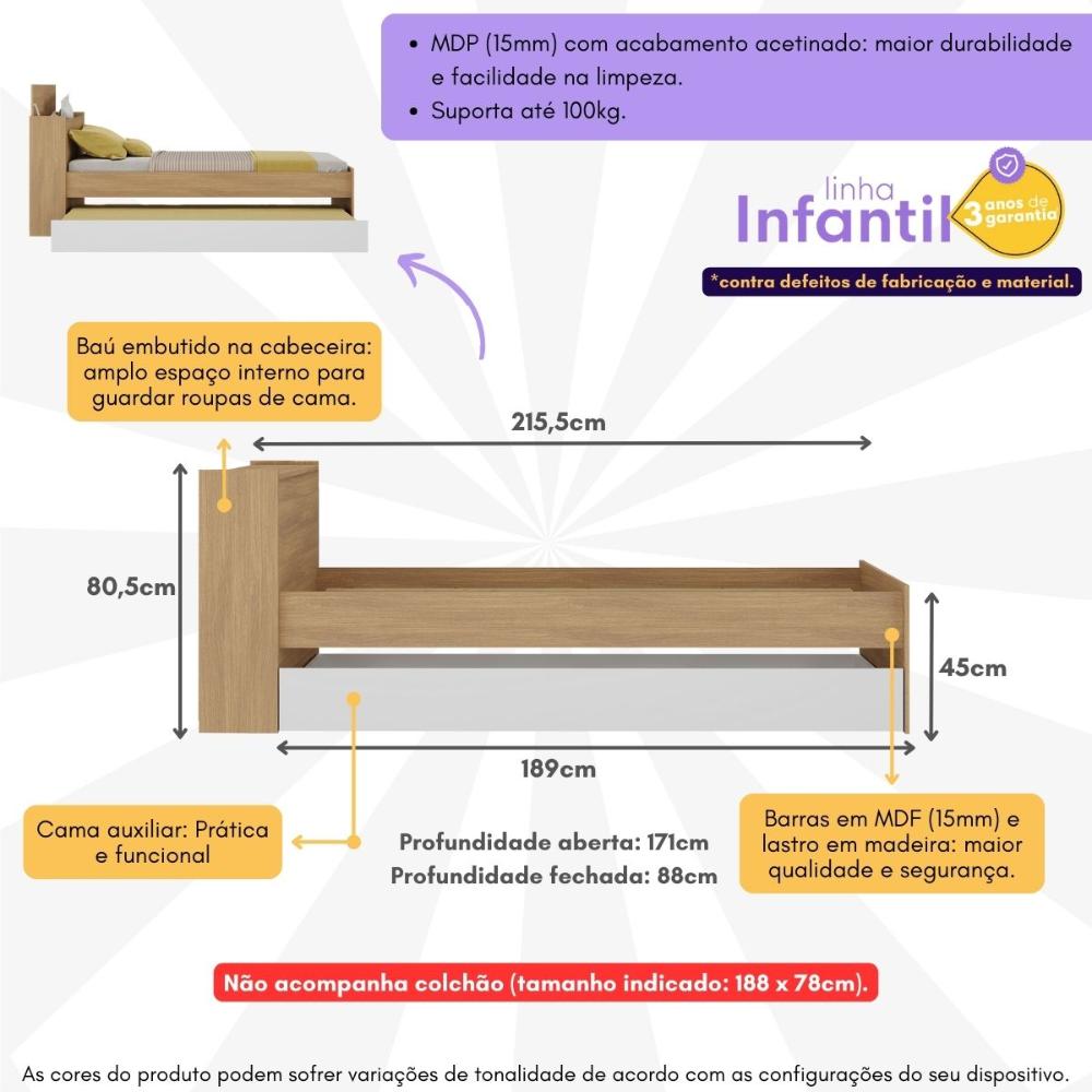 Bicama de Solteiro para Colchão 188 x 78cm com Baú Embutido Multimóveis MP4258 Rustic/Branco