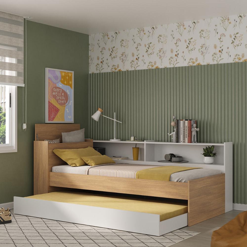 Bicama de Solteiro para Colchão 188 x 78cm com Baú Embutido e Prateleira Multimóveis MP4256 Rustic/Branco