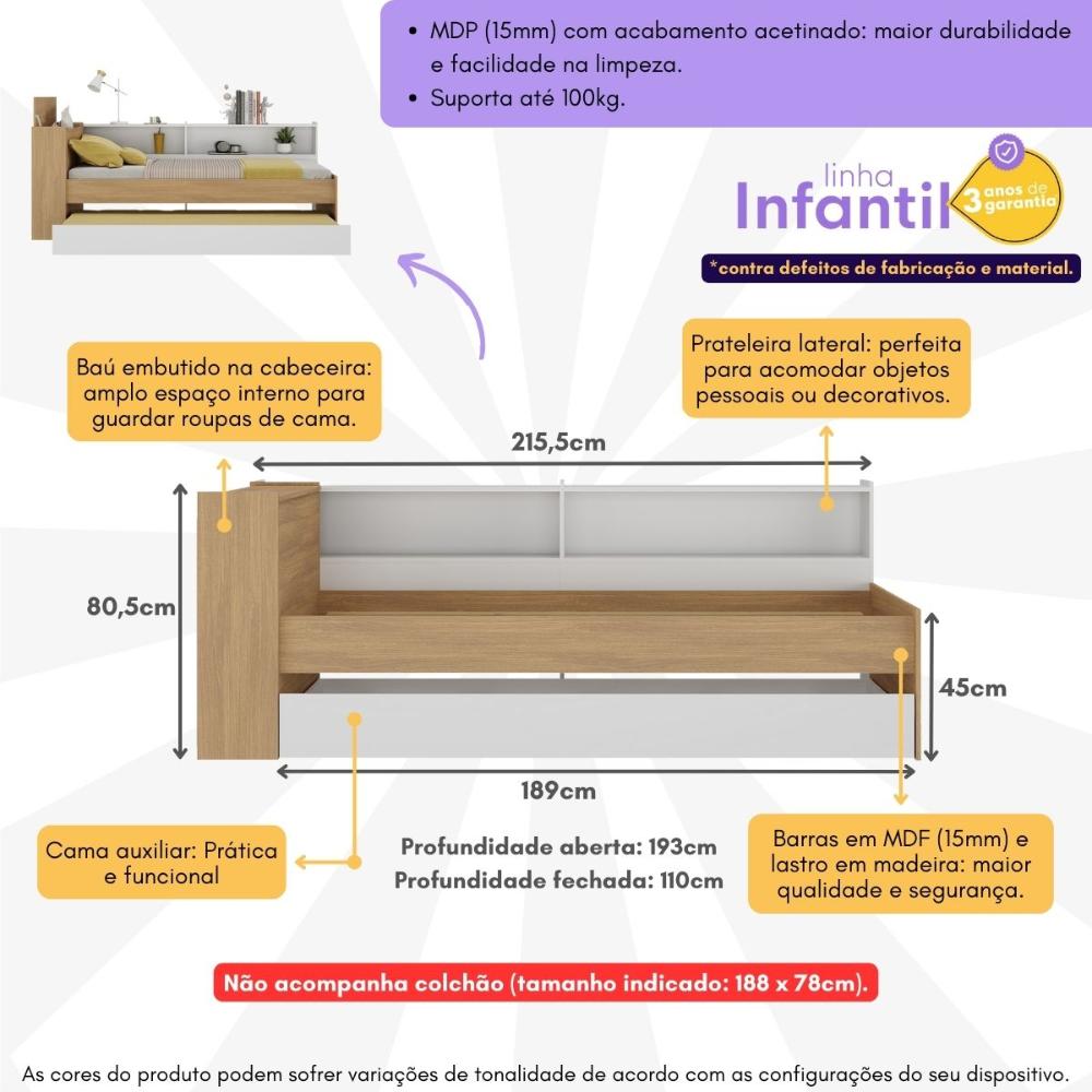 Bicama de Solteiro para Colchão 188 x 78cm com Baú Embutido e Prateleira Multimóveis MP4256 Rustic/Branco