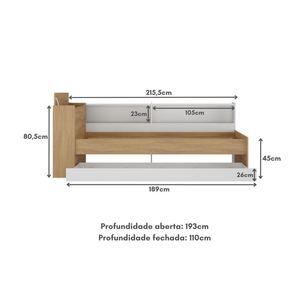 Bicama de Solteiro para Colchão 188 x 78cm com Baú Embutido e Prateleira Multimóveis MP4256 Rustic/Branco