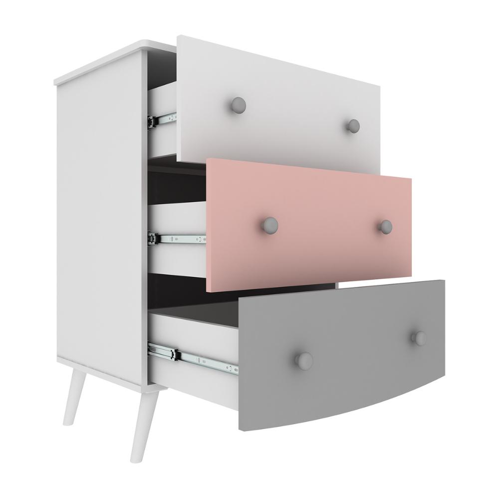 Cômoda 100% MDF 3 Gavetas Doçura Multimóveis  Branco/Cinza/Rosa