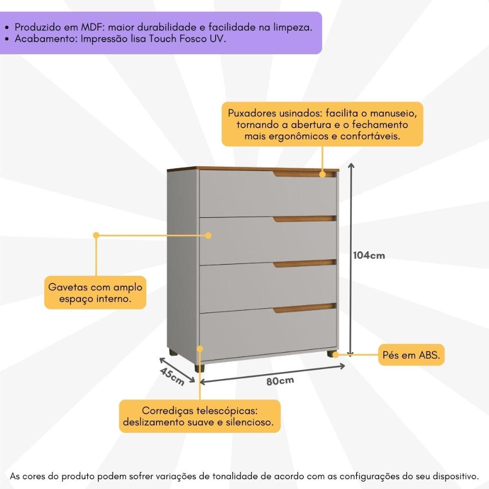 Cômoda 80cm com 4 Gavetas Multimóveis CR35243 Cinza/Nature