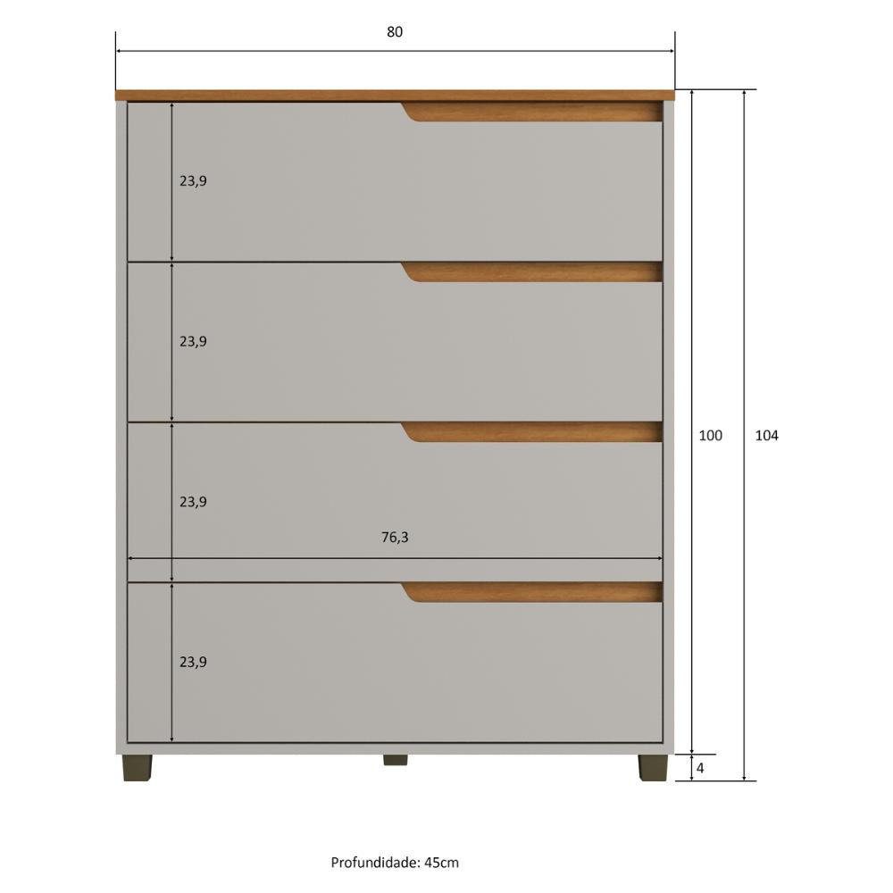 Cômoda 80cm com 4 Gavetas Multimóveis CR35243 Cinza/Nature
