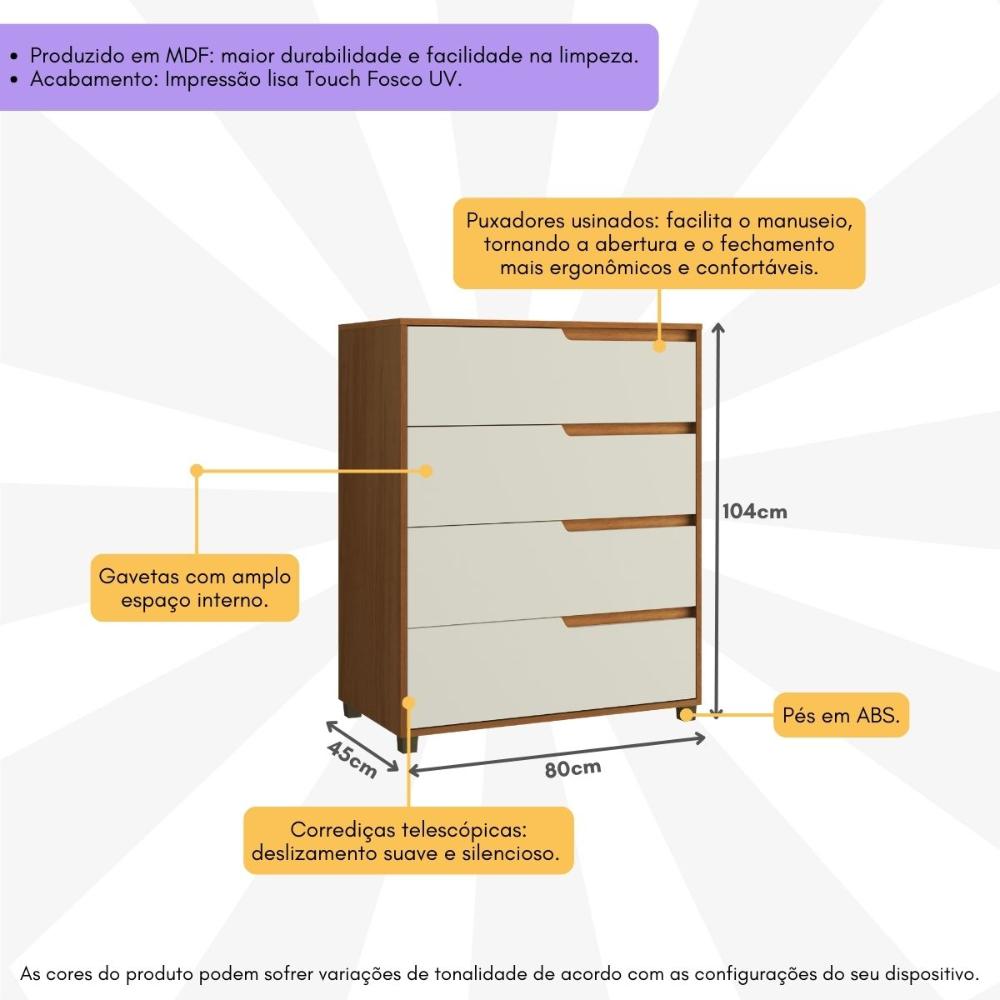 Cômoda 80cm com 4 Gavetas Multimóveis CR35243 Nature/Champanhe