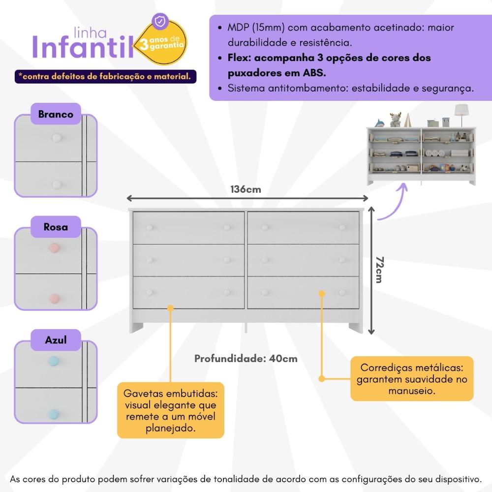Cômoda Infantil 136cm com 6 Gavetas Flex Multimóveis MP4262 Branco