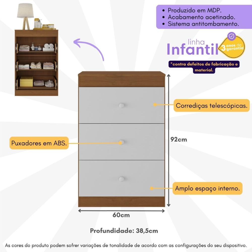 Cômoda Infantil com 3 Gavetas Doce de Leite Multimóveis MP2676 Madeirado/Branco