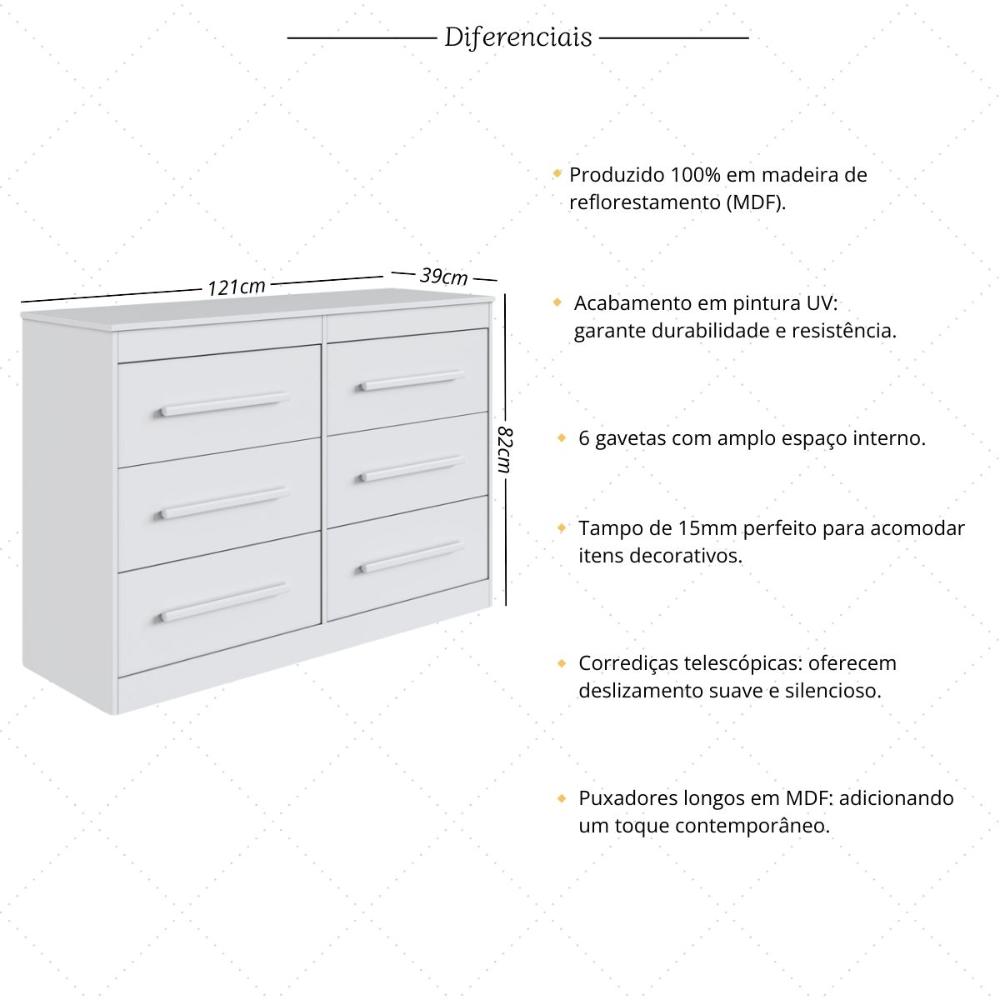 Cômoda com 6 Gavetas 121cm Multimóveis CR35263 Branco
