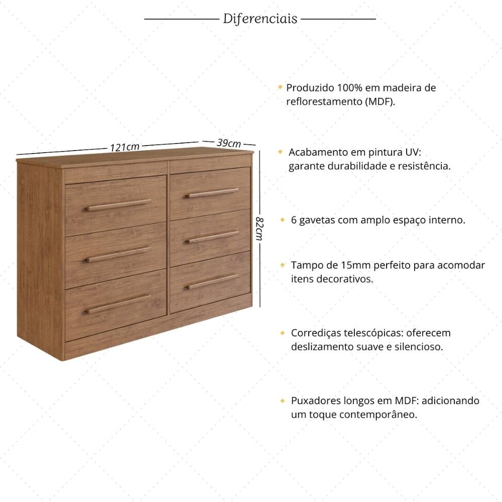 Cômoda com 6 Gavetas 121cm Multimóveis CR35263 Nogueira