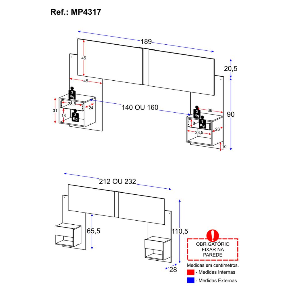 Cabeceira Casal/Queen com 2 Mesas de Cabeceira 232cm Multimóveis MP4317 Branco
