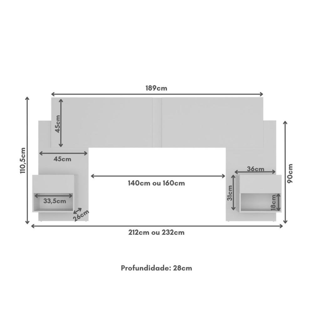 Cabeceira Casal/Queen com 2 Mesas de Cabeceira 232cm Multimóveis MP4317 Branco